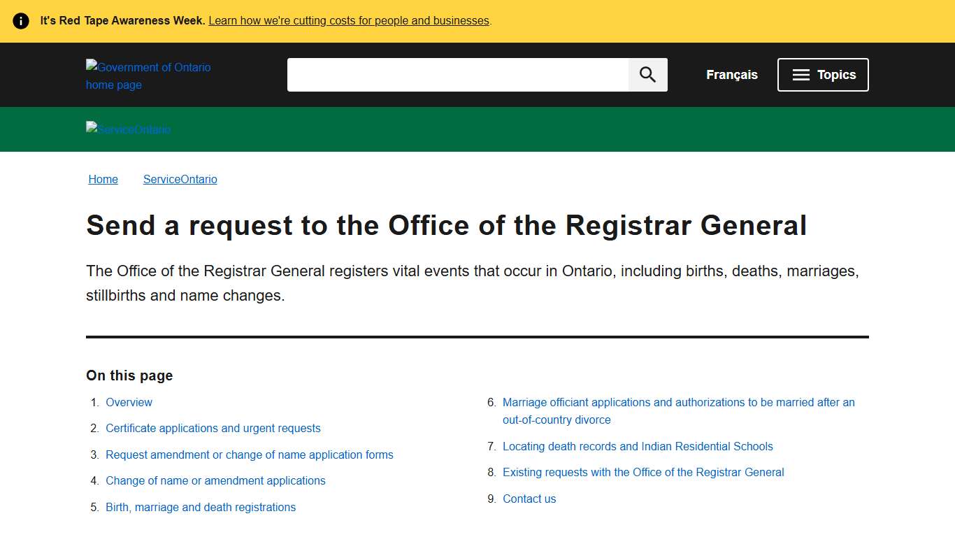 Send a request to the Office of the Registrar General ontario.ca
