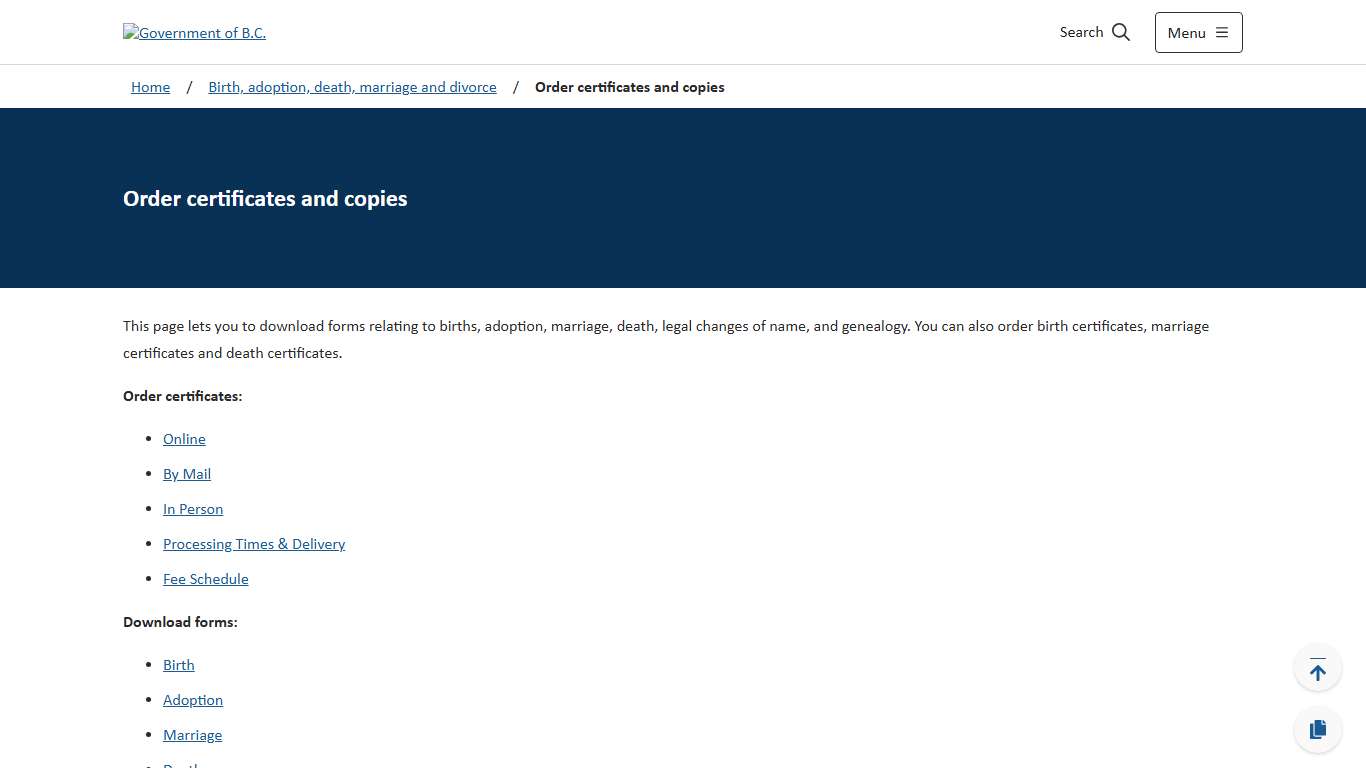 Order certificates and copies - Province of British Columbia